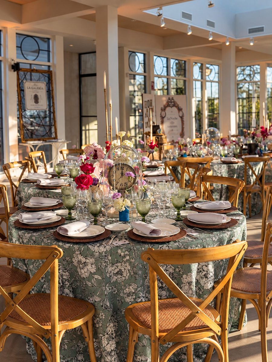 Mesa de banquete en La Galería con un reloj antiguo y flores